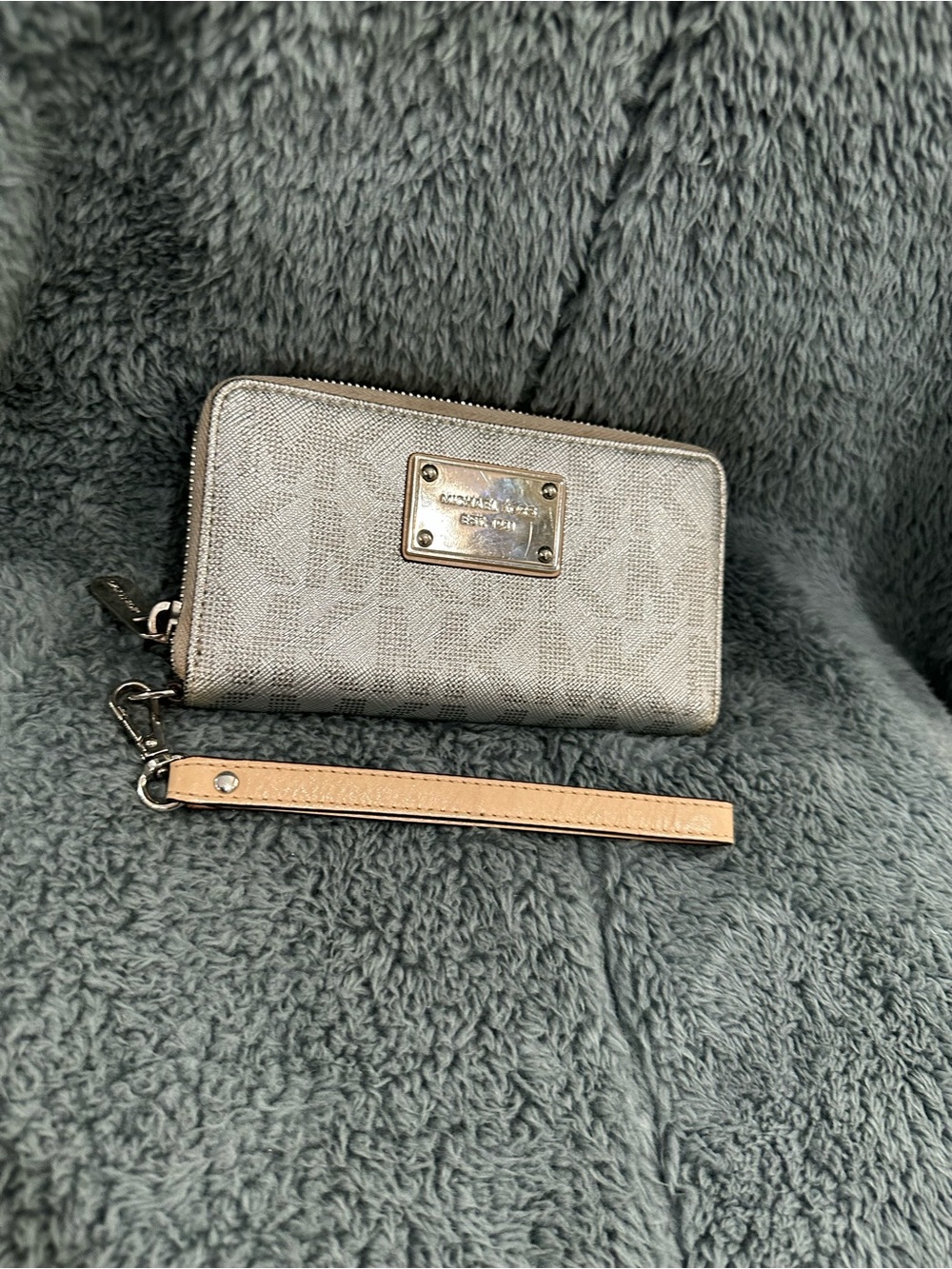 Pre-Love Michael Kors Metallic Silver Logo Zip Wristlet with Tan Strap